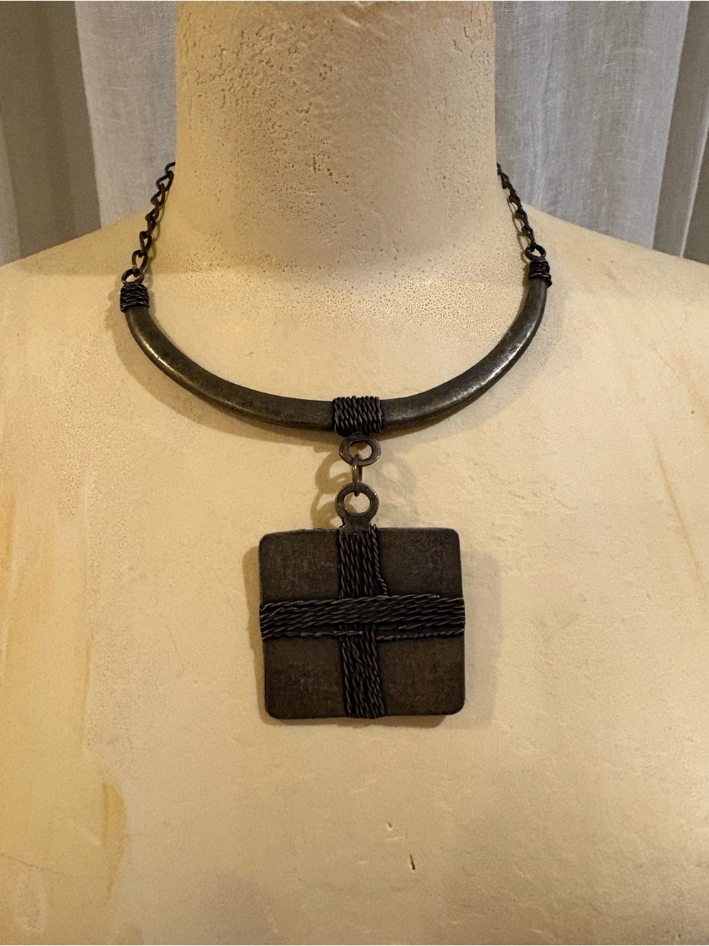Textured Antique Gold Square Pendant Necklace - Women Jewelry